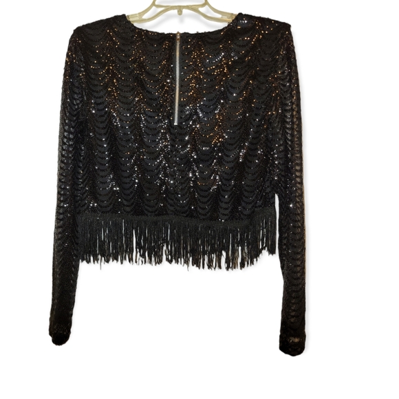 NEW Black Long Sleeve Sequin Tassel Zip Back Top Size 6 - Picture 3 of 5